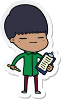 sticker of a cartoon smug boy with clip board png