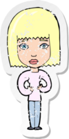 adesivo retrô angustiado de uma mulher de desenho animado indicando a si mesmo png