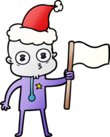 cartone animato sfumato di uno strano astronauta calvo con bandiera che indossa il cappello di Babbo Natale png