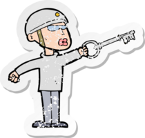 retro distressed sticker of a cartoon security guy with key png