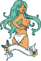 tattoo style icon of a pinup viking girl with banner png