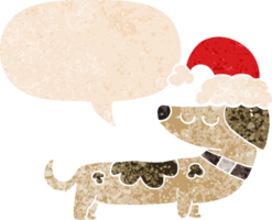 cartoon dog wearing christmas hat and speech bubble in retro textured style png