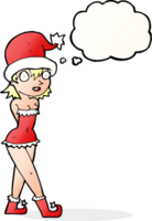 cartoon woman in christmas elf costume with thought bubble png