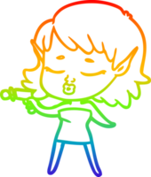 rainbow gradient line drawing of a pretty cartoon alien girl with ray gun png