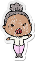 distressed sticker of a cartoon angry old woman png