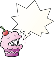 divertente cartone animato Cupcake con discorso bolla nel liscio pendenza stile png