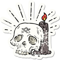 etiqueta vieja gastada de un cráneo espeluznante estilo tatuaje y una vela png
