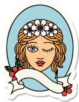 tattoo style sticker with banner of a maiden with crown of flowers winking png