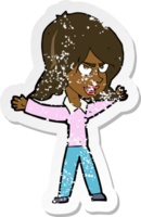 retro distressed sticker of a cartoon woman gesturing png