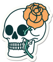 pegatina de tatuaje al estilo tradicional de una calavera y una rosa png