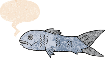 desenho animado peixe com discurso bolha dentro grunge angustiado retro texturizado estilo png