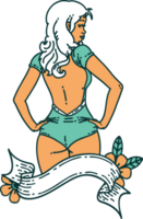 tatouage dans le style traditionnel d'une fille pin-up en maillot de bain avec bannière png