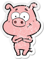 distressed sticker of a happy cartoon pig png