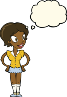 cartoon happy woman in short skirt with thought bubble png