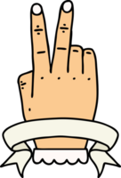 Retro Tattoo Style victory v hand gesture with banner png