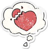 cartoon broken heart with thought bubble as a distressed worn sticker png