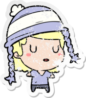 distressed sticker of a cartoon woman wearing hat png