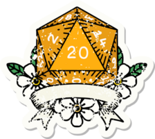 grunge sticker van een natuurlijk 20 kritiek raken d20 Dobbelsteen rollen png