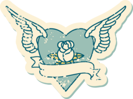 ikonisches beunruhigtes Aufkleber-Tattoo-Stilbild des Herzens mit Flügeln, einer Rose und einem Banner png