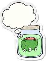 cartoon spooky brain in jar with thought bubble as a printed sticker png