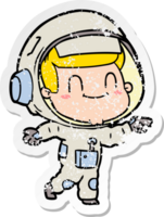 distressed sticker of a happy cartoon astronaut man png