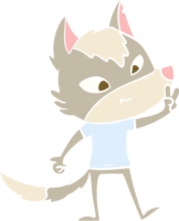freundlicher Cartoon-Wolf im flachen Farbstil, der ein Friedenszeichen gibt png