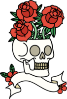 traditional tattoo with banner of a skull and roses png