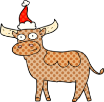 hand drawn comic book style illustration of a bull wearing santa hat png