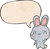 cute cartoon rabbit waving with speech bubble in retro texture style png