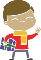 niño sonriente de dibujos animados de estilo de color plano con regalo png