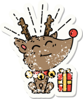 worn old sticker of a tattoo style christmas reindeer with present png