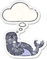 cartoon seal with thought bubble as a distressed worn sticker png