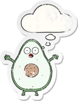 cartoon avocado with thought bubble as a distressed worn sticker png