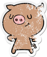 distressed sticker of a happy cartoon pig png