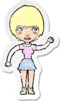 retro distressed sticker of a cartoon waving woman png