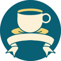 tattoo style icon with banner of a cup of coffee png