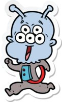 sticker of a happy cartoon alien running png