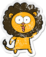 distressed sticker of a happy cartoon lion png