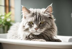 AI generated A Maine Coon cat sits calmly in a bathtub filled with water, showcasing the grooming aspect of Maine Coon care photo