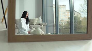 Young woman stroking her purebred dog while sitting on the floor near the window. Hobbies, animals and interior concept video