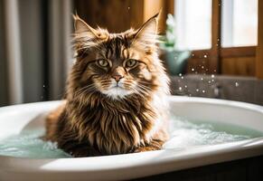 AI generated A Maine Coon cat sits calmly in a bathtub filled with water, showcasing the grooming aspect of Maine Coon care photo