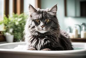 AI generated A Maine Coon cat sits calmly in a bathtub filled with water, showcasing the grooming aspect of Maine Coon care photo