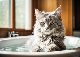 AI generated A Maine Coon cat sits calmly in a bathtub filled with water, showcasing the grooming aspect of Maine Coon care photo