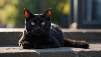 ai generado un de cerca foto capturas el intenso mirada de un negro gato con sorprendentes amarillo ojos. el de gato piel es pulcro y brillante, y el atención agudiza el detalles de sus cara