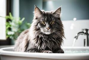 AI generated A Maine Coon cat sits calmly in a bathtub filled with water, showcasing the grooming aspect of Maine Coon care photo