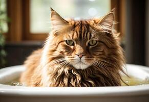 AI generated A Maine Coon cat sits calmly in a bathtub filled with water, showcasing the grooming aspect of Maine Coon care photo