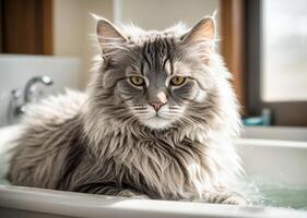 AI generated A Maine Coon cat sits calmly in a bathtub filled with water, showcasing the grooming aspect of Maine Coon care photo
