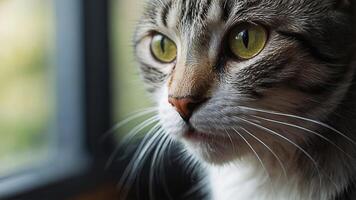 AI generated A close-up photo of a domestic cat with sharp green eyes and detailed fur patterns highlighting nature's artistry in animals