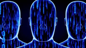 drie Mens gezichten en Matrix stijl binair code video