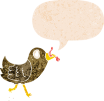 cartoon bird with worm and speech bubble in retro textured style png
